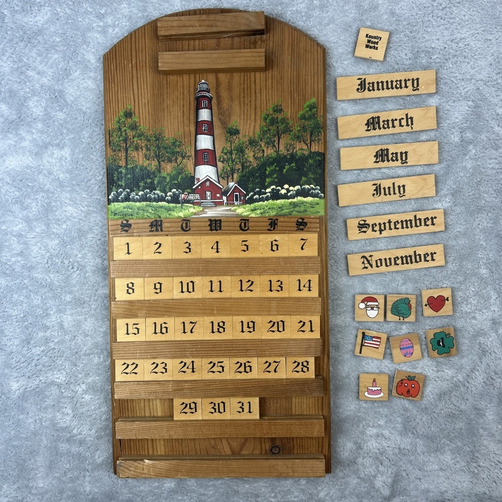 Vintage Wooden Perpetual Wall Calendar Lighthouse Decor Complete w/Holidays